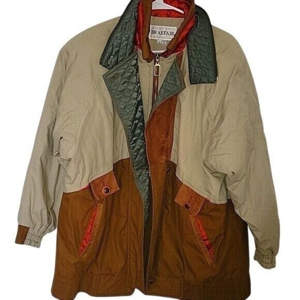 Braefair Colorblock Jacket‎ S Beige Green Brown Nylon Quilted Lining Retro Style